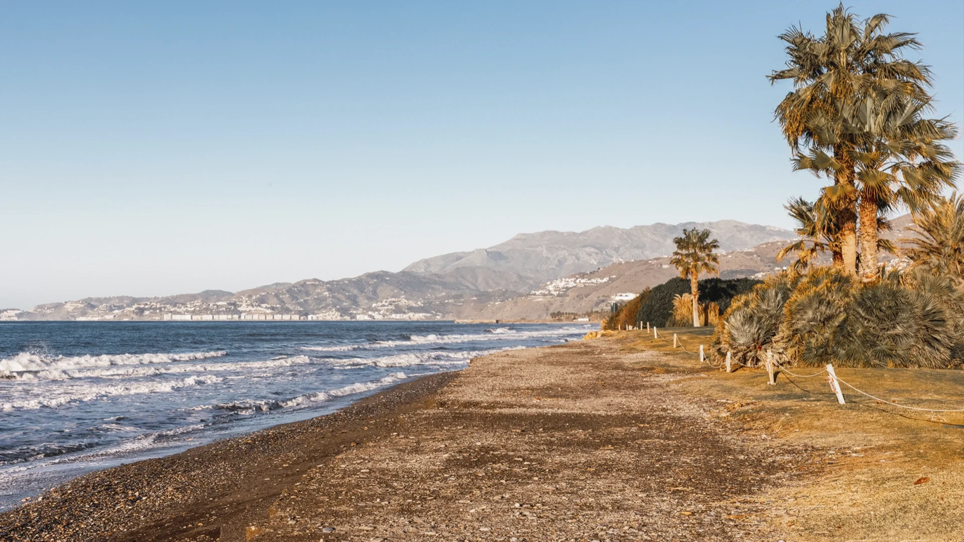 Imagen de la Costa Tropical en la que aparecen una playa con palmeras y al fondo unas sierras con diferentes núcleos de poblaciones y casas